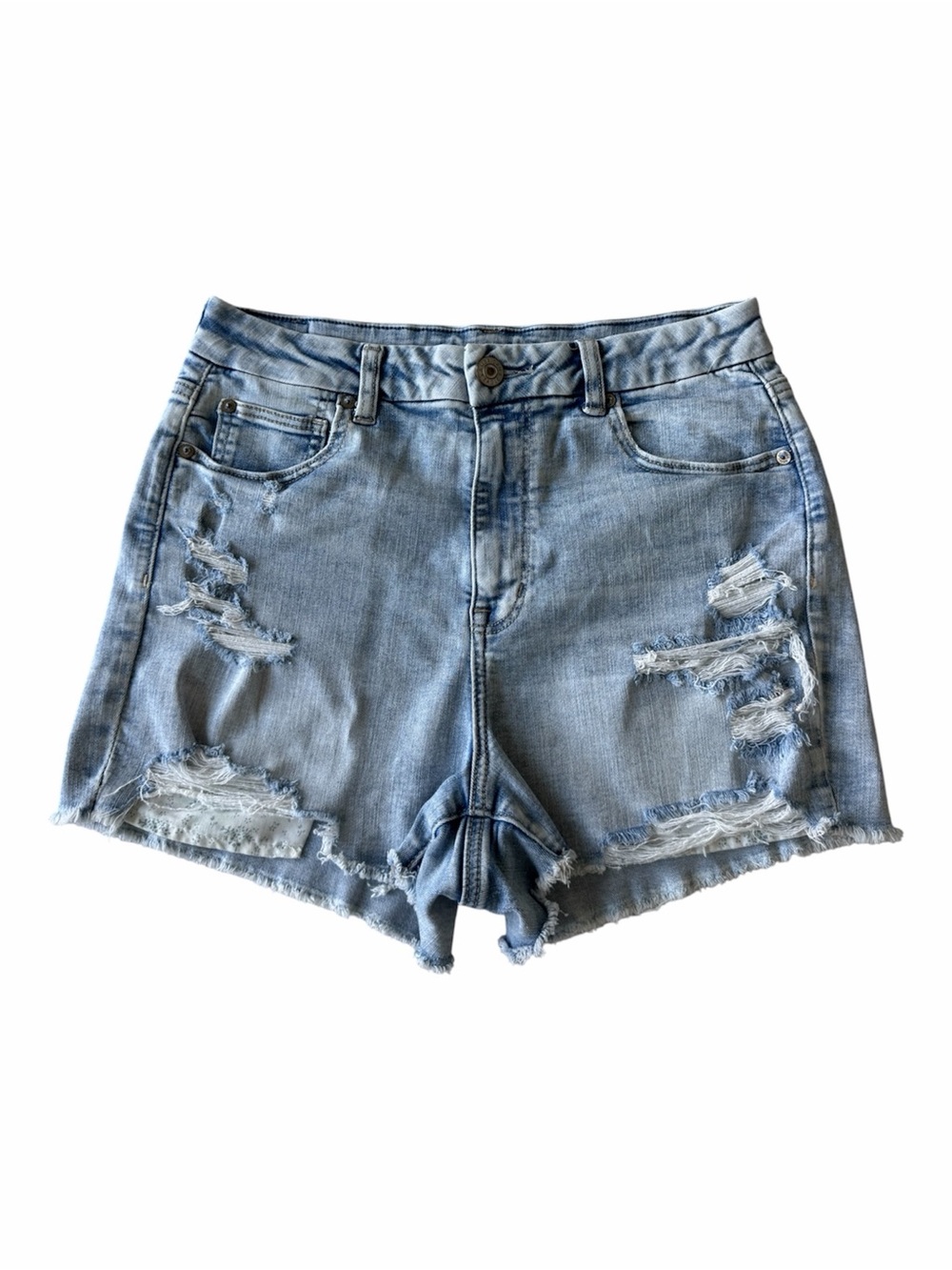 ✅ American Eagle distressed blue Denim curvy high rise shortie Shorts size 10